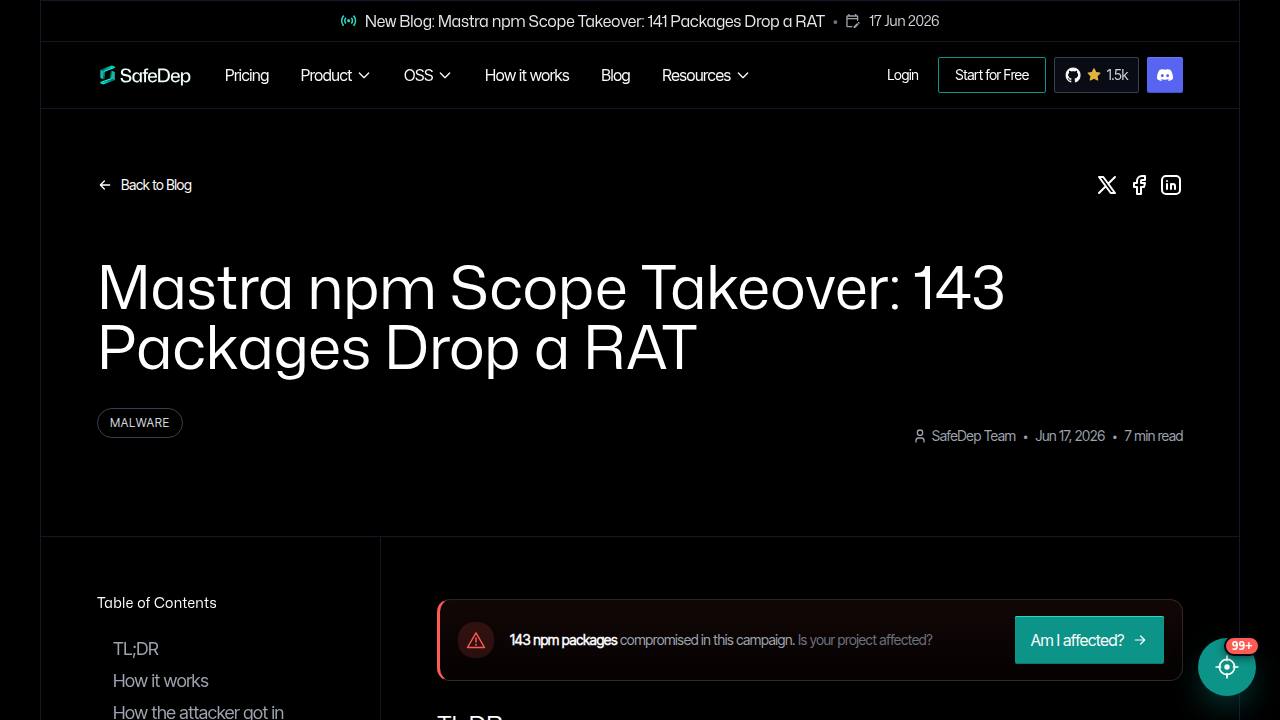 Thumbnail for Mastra npm Scope Takeover: 143 Packages Drop a RAT