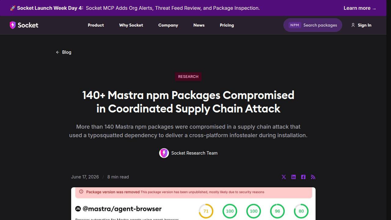 Thumbnail for 140+ Mastra npm Packages Compromised in Coordinated Supply Chain Attack