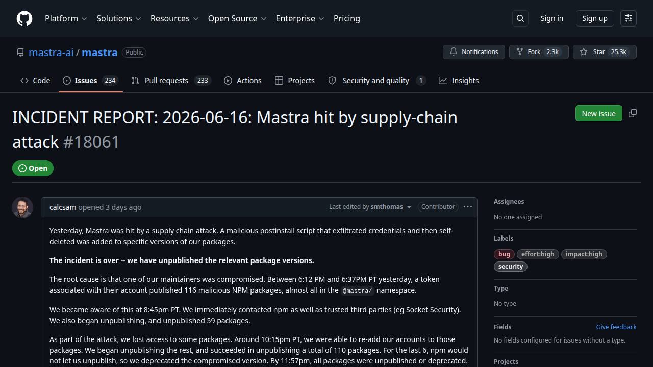 Thumbnail for INCIDENT REPORT: 2026-06-16: Mastra hit by supply-chain attack