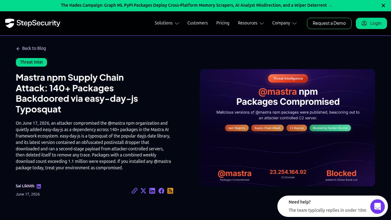 Thumbnail for Mastra npm Supply Chain Attack: 140+ Packages Backdoored via easy-day-js Typosquat