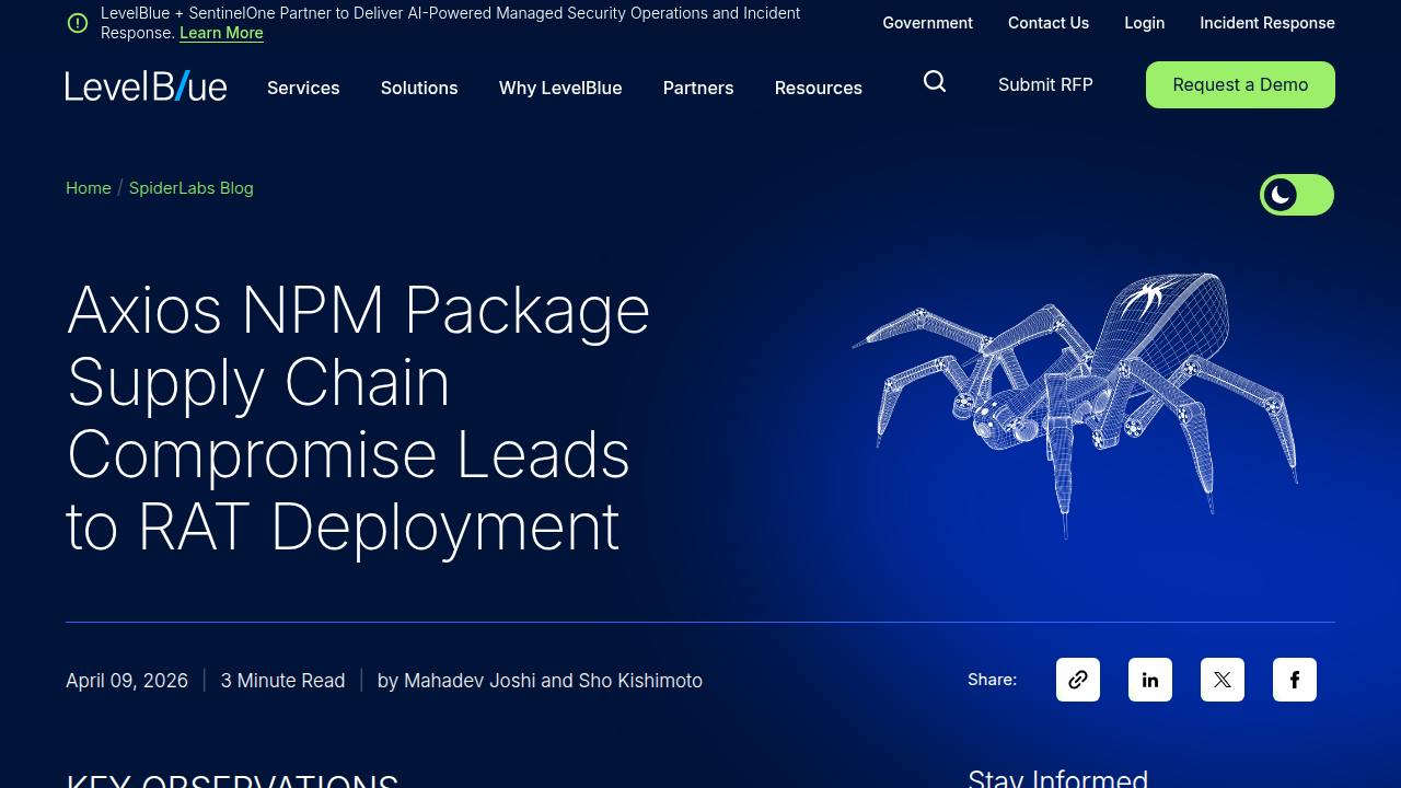Thumbnail for Axios NPM Package Supply Chain Compromise Leads to RAT Deployment