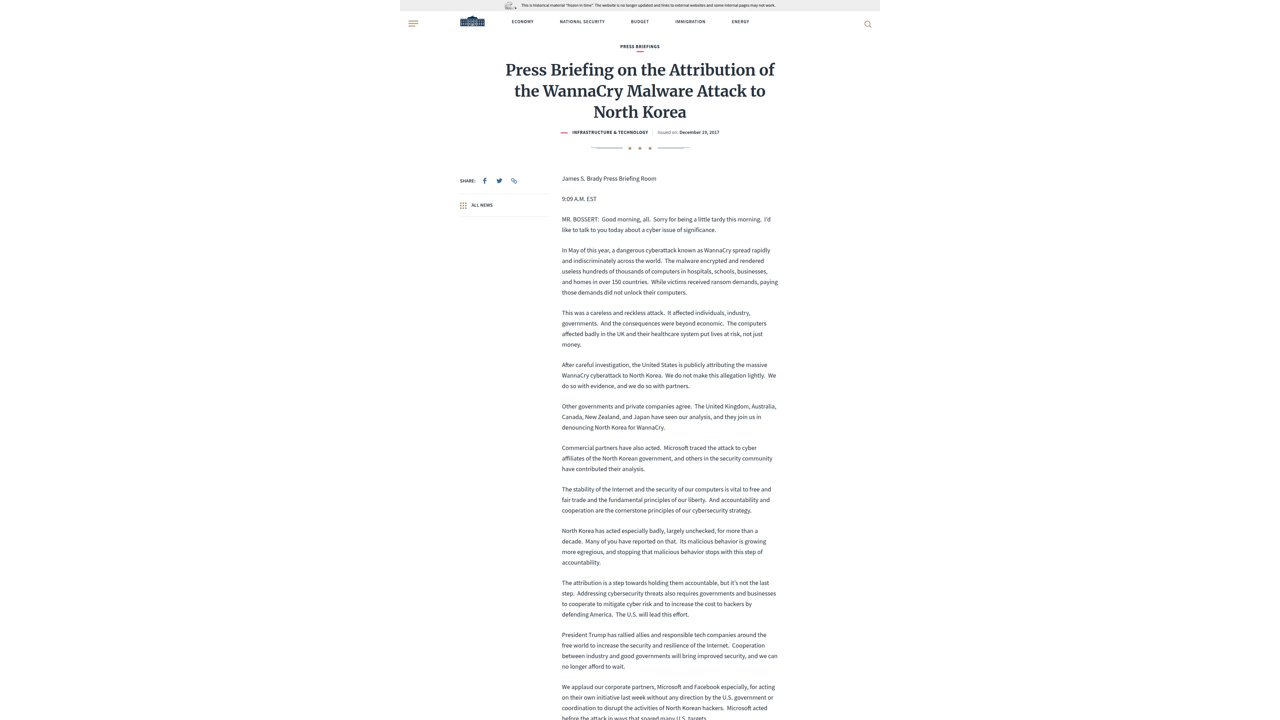 Thumbnail for Press Briefing on the Attribution of the WannaCry Malware Attack to North Korea