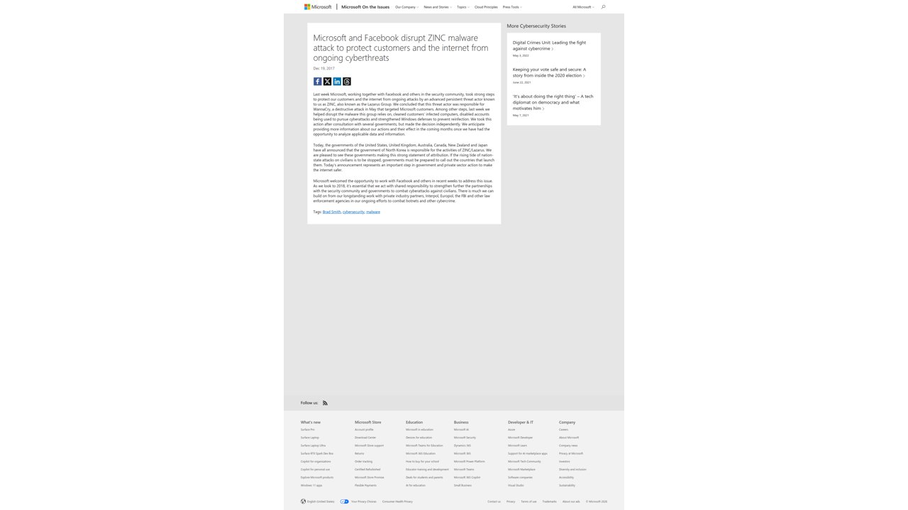 Thumbnail for Microsoft and Facebook disrupt ZINC malware attack to protect customers and the internet from ongoing cyberthreats