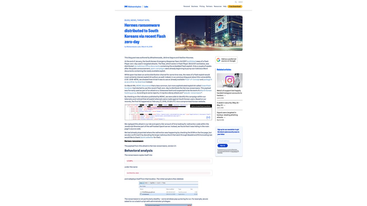 Thumbnail for Hermes ransomware distributed to South Koreans via recent Flash zero-day