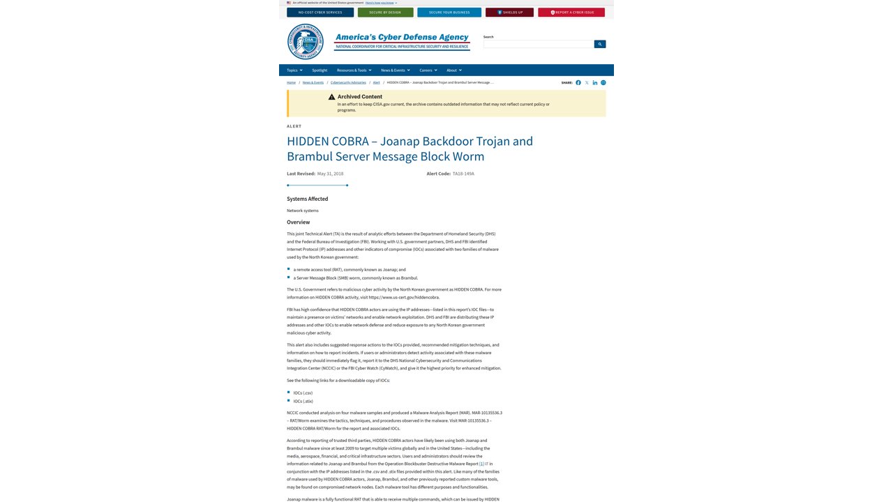 Thumbnail for HIDDEN COBRA – Joanap Backdoor Trojan and Brambul Server Message Block Worm