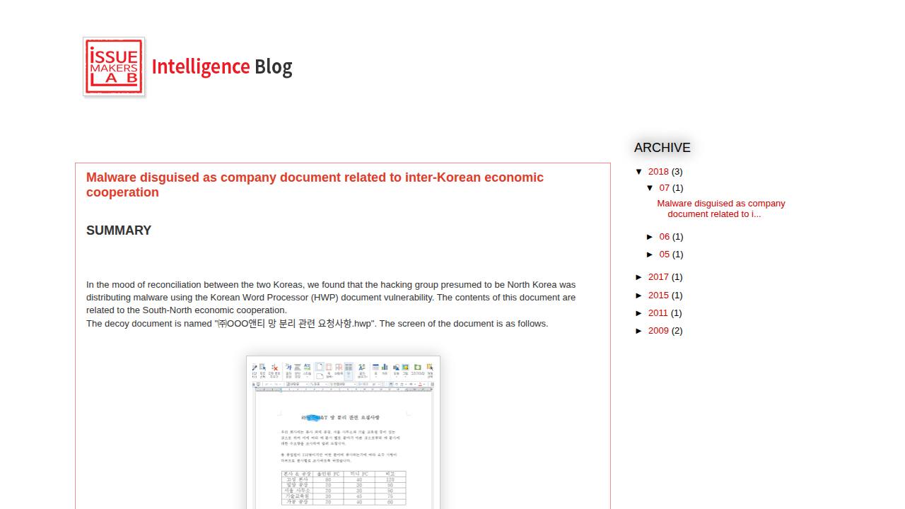 Thumbnail for Malware disguised as company document related to inter-Korean economic cooperation