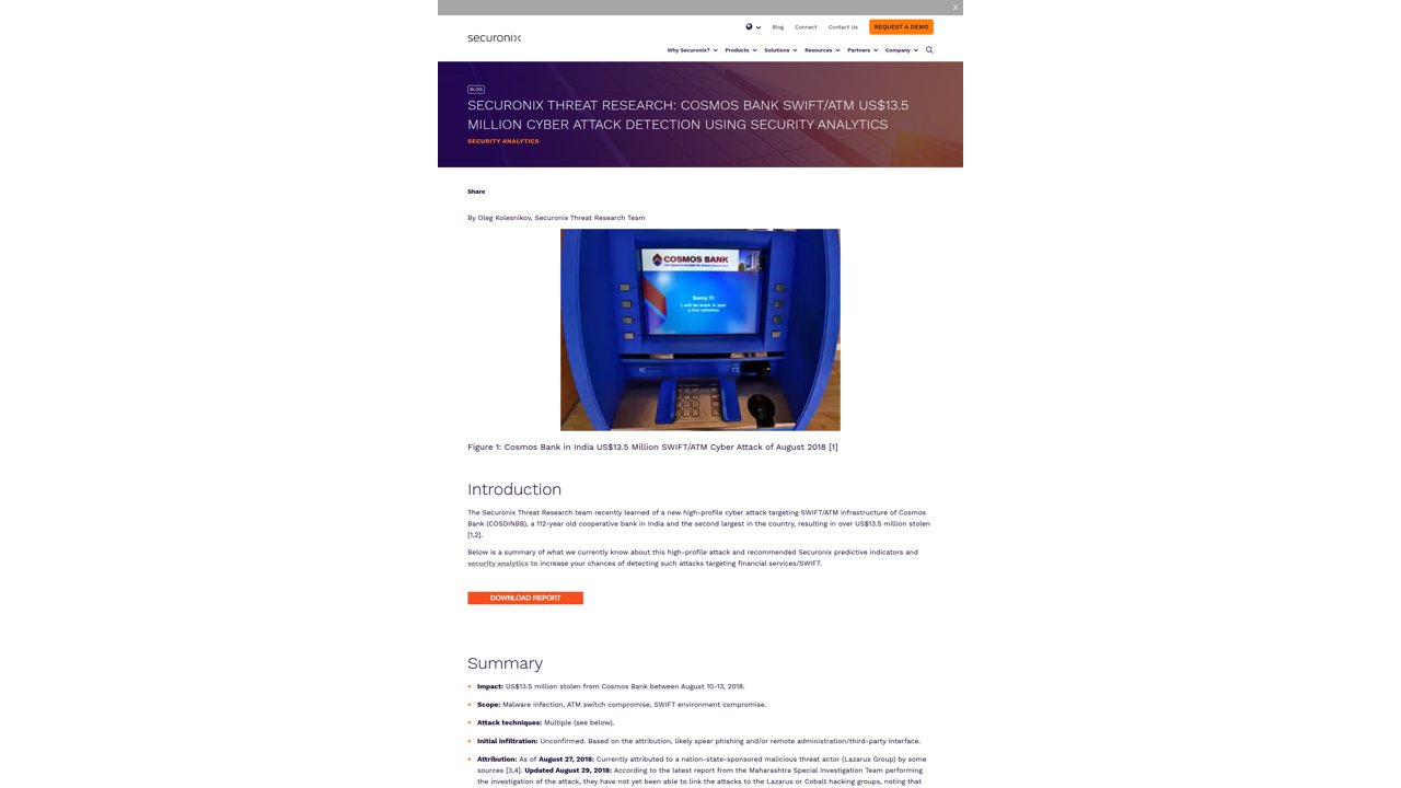 Thumbnail for Cosmos Bank SWIFT/ATM US$13.5 Million Cyber Attack Detection Using Security Analytics