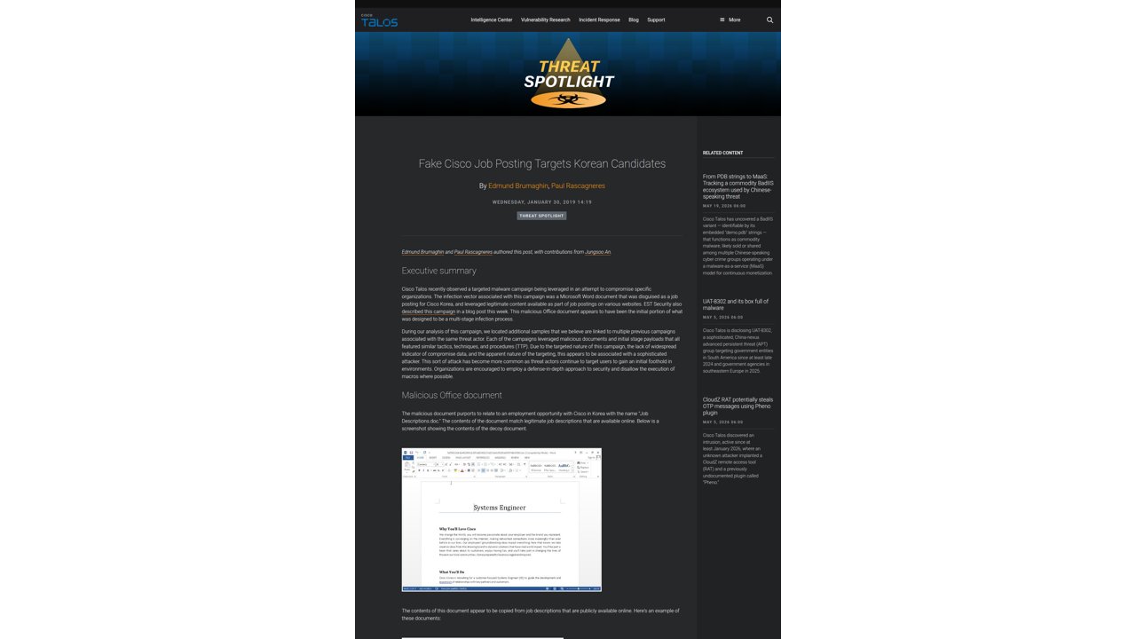 Thumbnail for Fake Cisco Job Posting Targets Korean Candidates