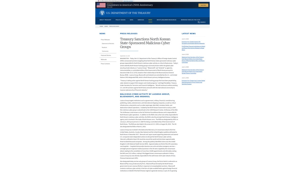 Thumbnail for Treasury Sanctions North Korean State-Sponsored Malicious Cyber Groups