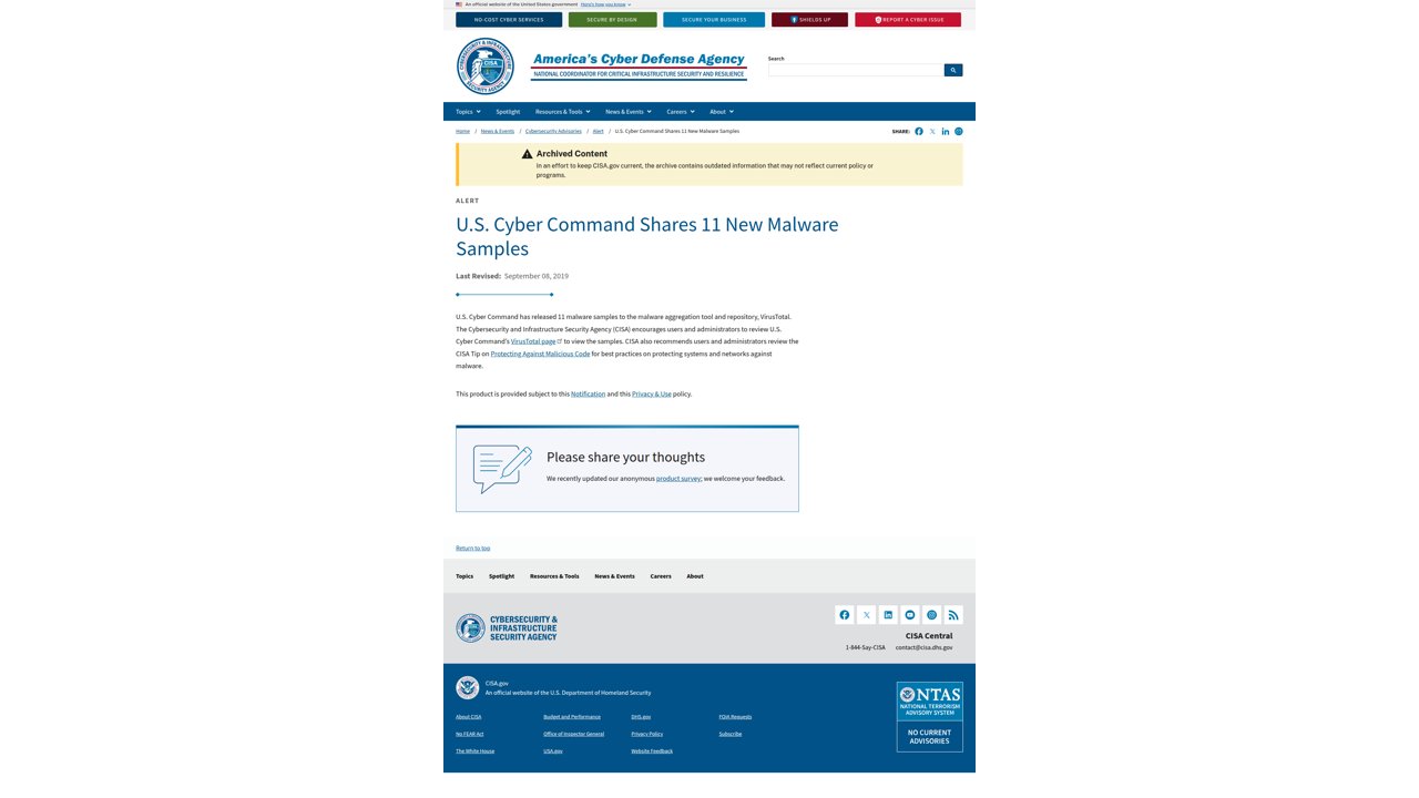 Thumbnail for U.S. Cyber Command Shares 11 New Malware Samples
