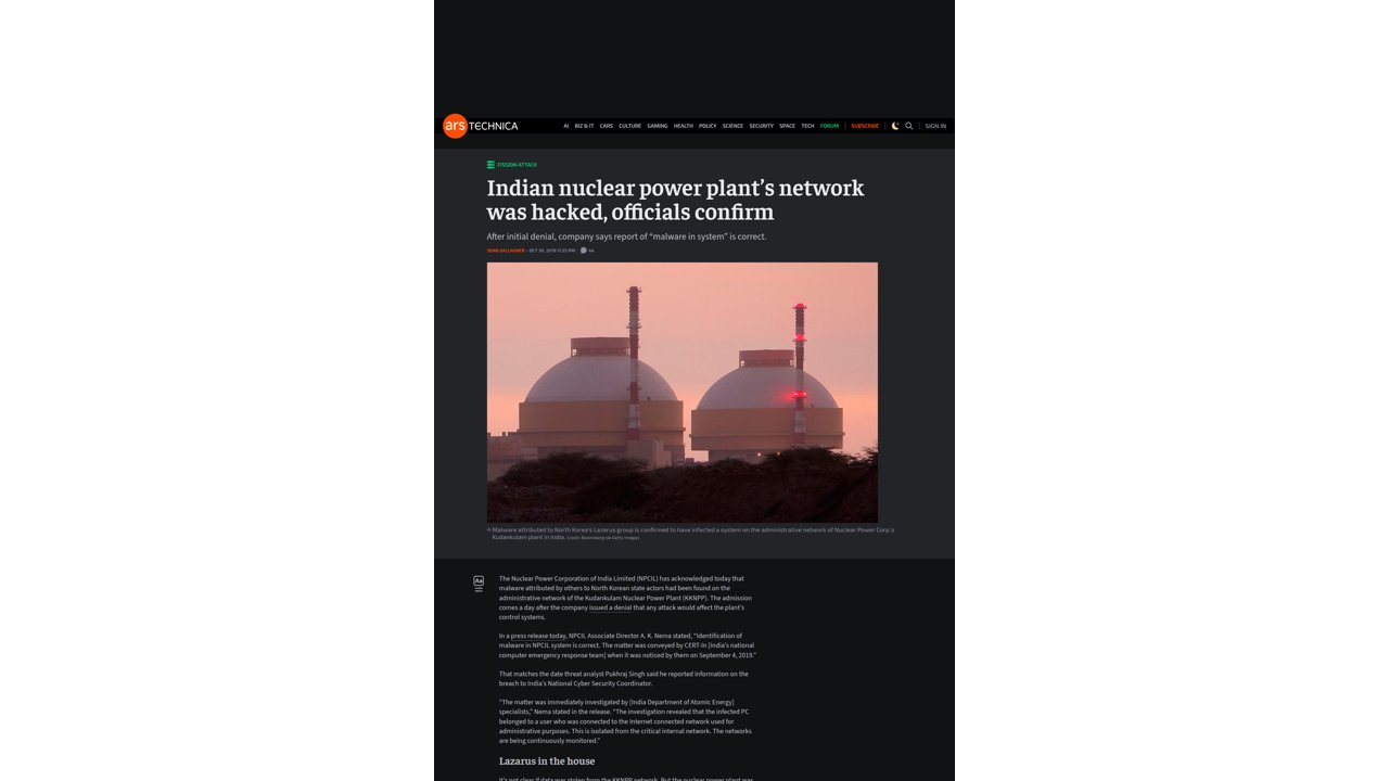 Thumbnail for Indian nuclear power plant’s network was hacked, officials confirm