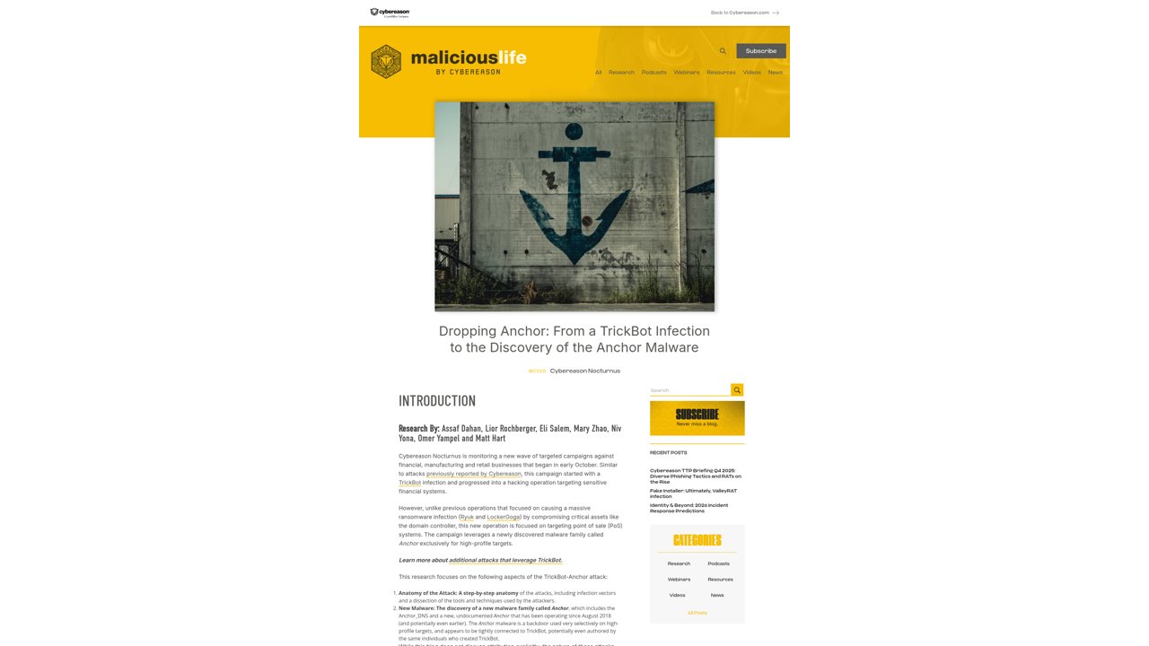 Thumbnail for ROPPING ANCHOR: FROM A TRICKBOT INFECTION TO THE DISCOVERY OF THE ANCHOR MALWARE