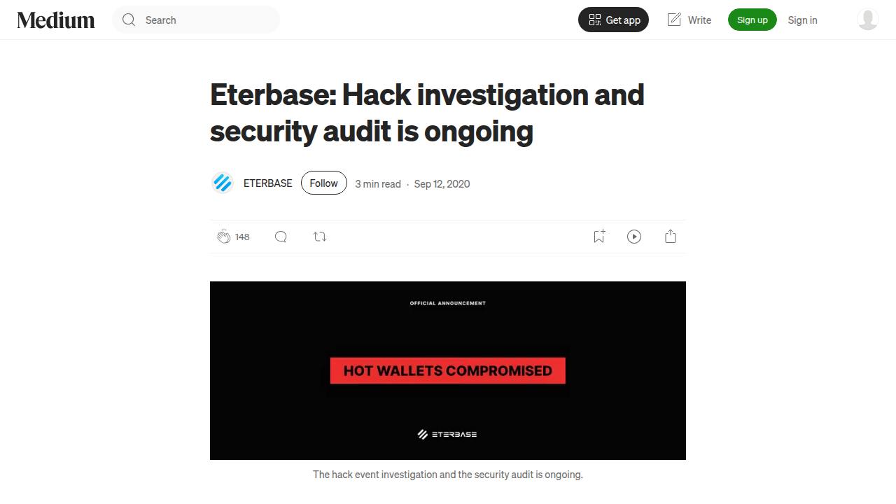 Thumbnail for Eterbase: Hack investigation and security audit is ongoing