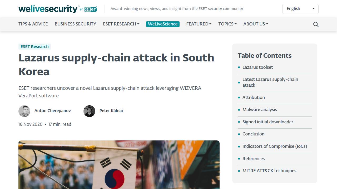 Thumbnail for Lazarus supply‑chain attack in South Korea