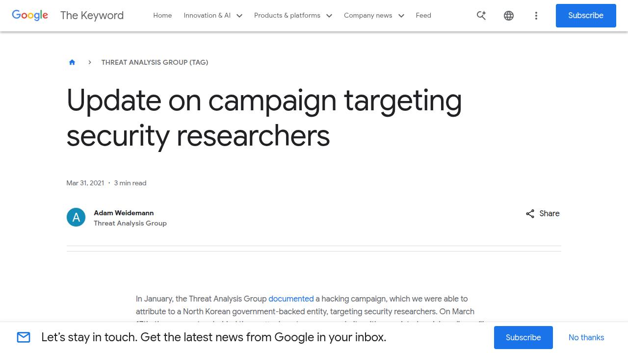 Thumbnail for Update on campaign targeting security researchers