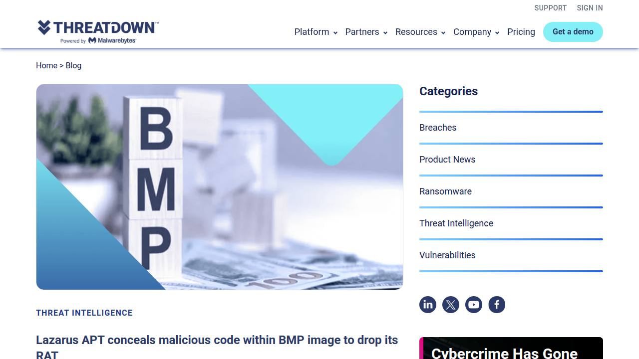 Thumbnail for Lazarus APT conceals malicious code within BMP image to drop its RAT