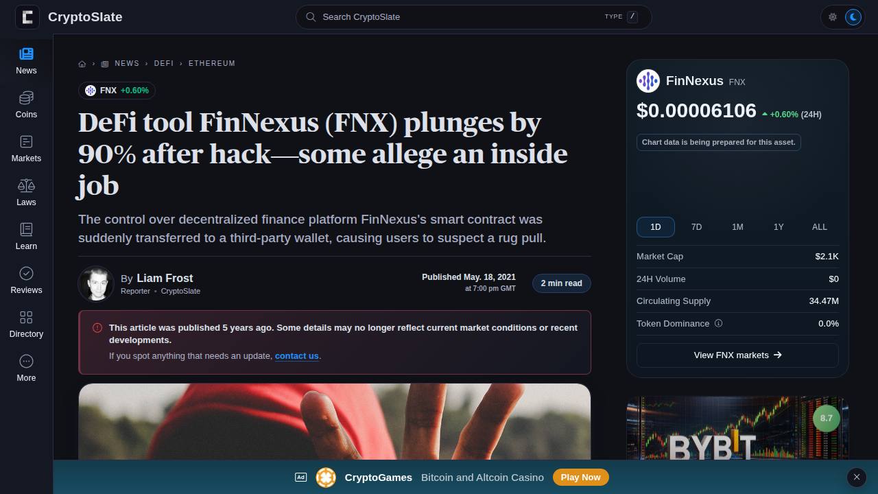 Thumbnail for DeFi tool FinNexus (FNX) plunges by 90% after hack—some allege an inside job