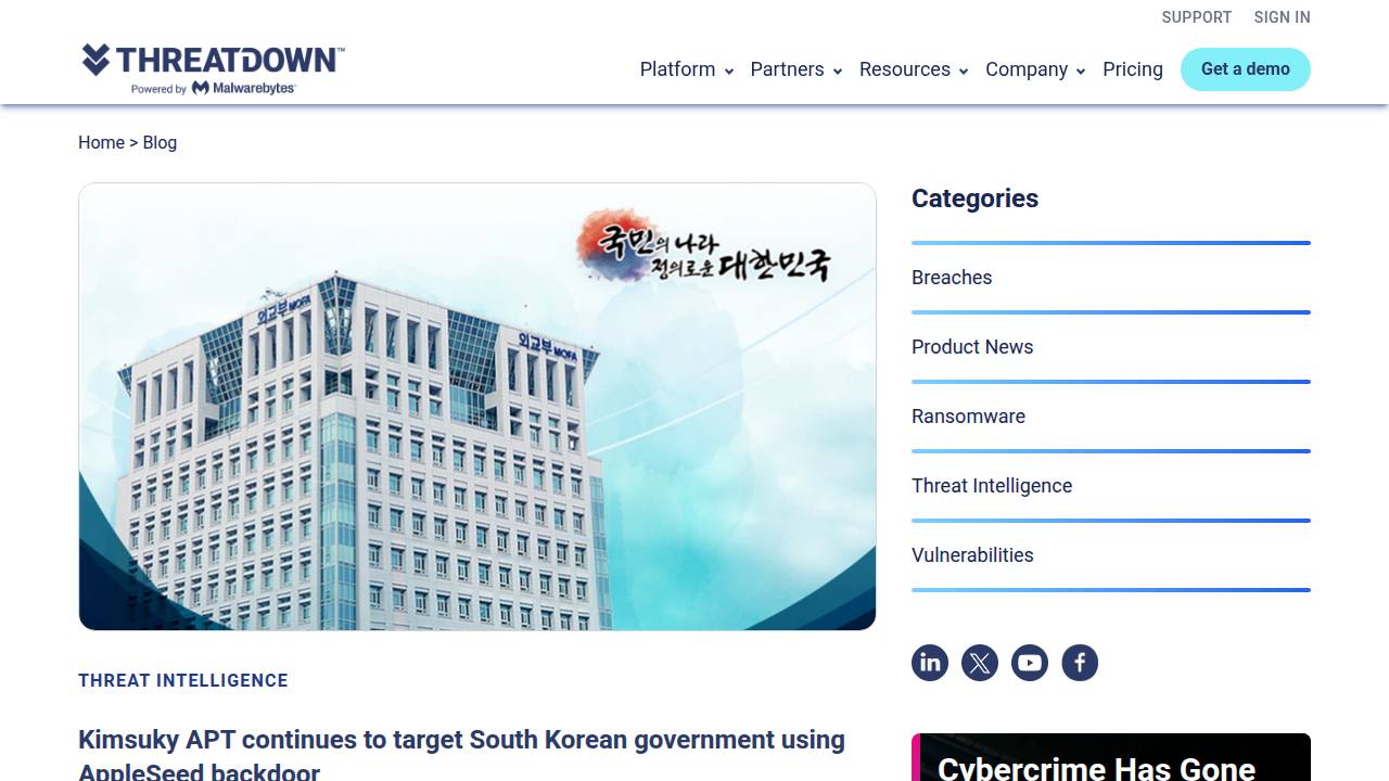 Thumbnail for Kimsuky APT continues to target South Korean government using AppleSeed backdoor