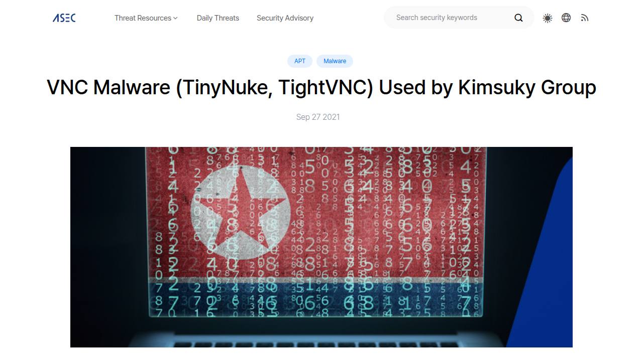 Thumbnail for VNC Malware (TinyNuke, TightVNC) Used by Kimsuky Group