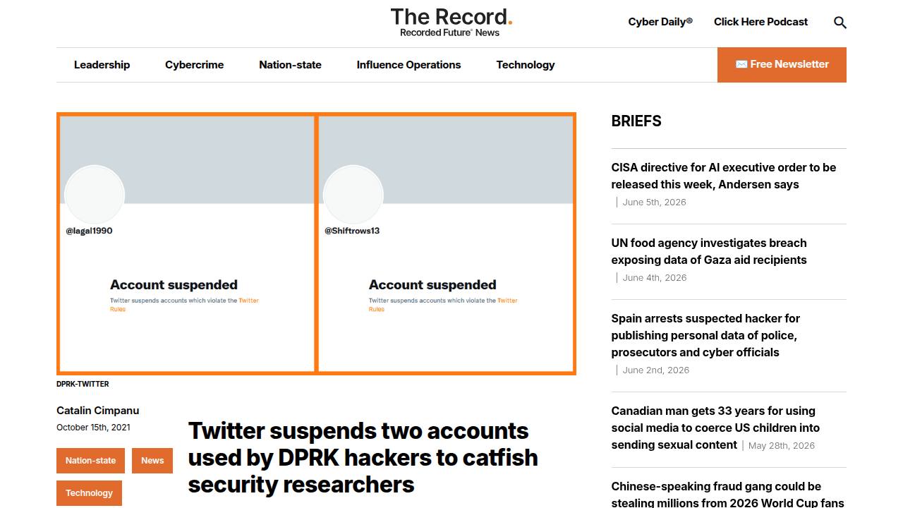 Thumbnail for Twitter suspends two accounts used by DPRK hackers to catfish security researchers