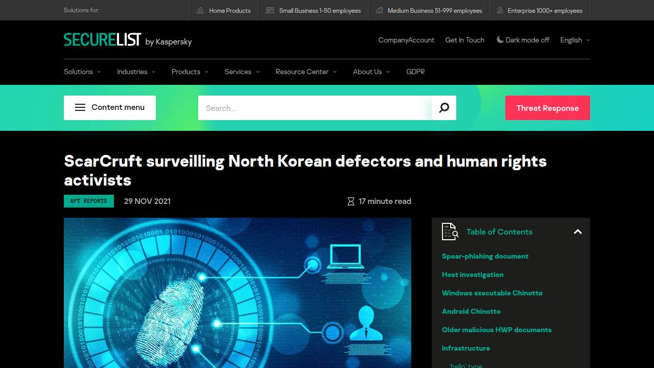 Thumbnail for ScarCruft surveilling North Korean defectors and human rights activists