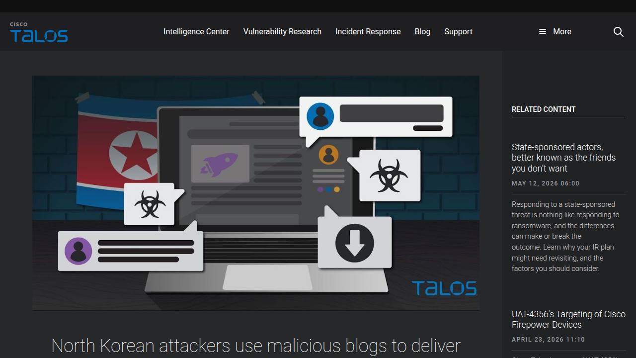 Thumbnail for North Korean attackers use malicious blogs to deliver malware to high-profile South Korean targets