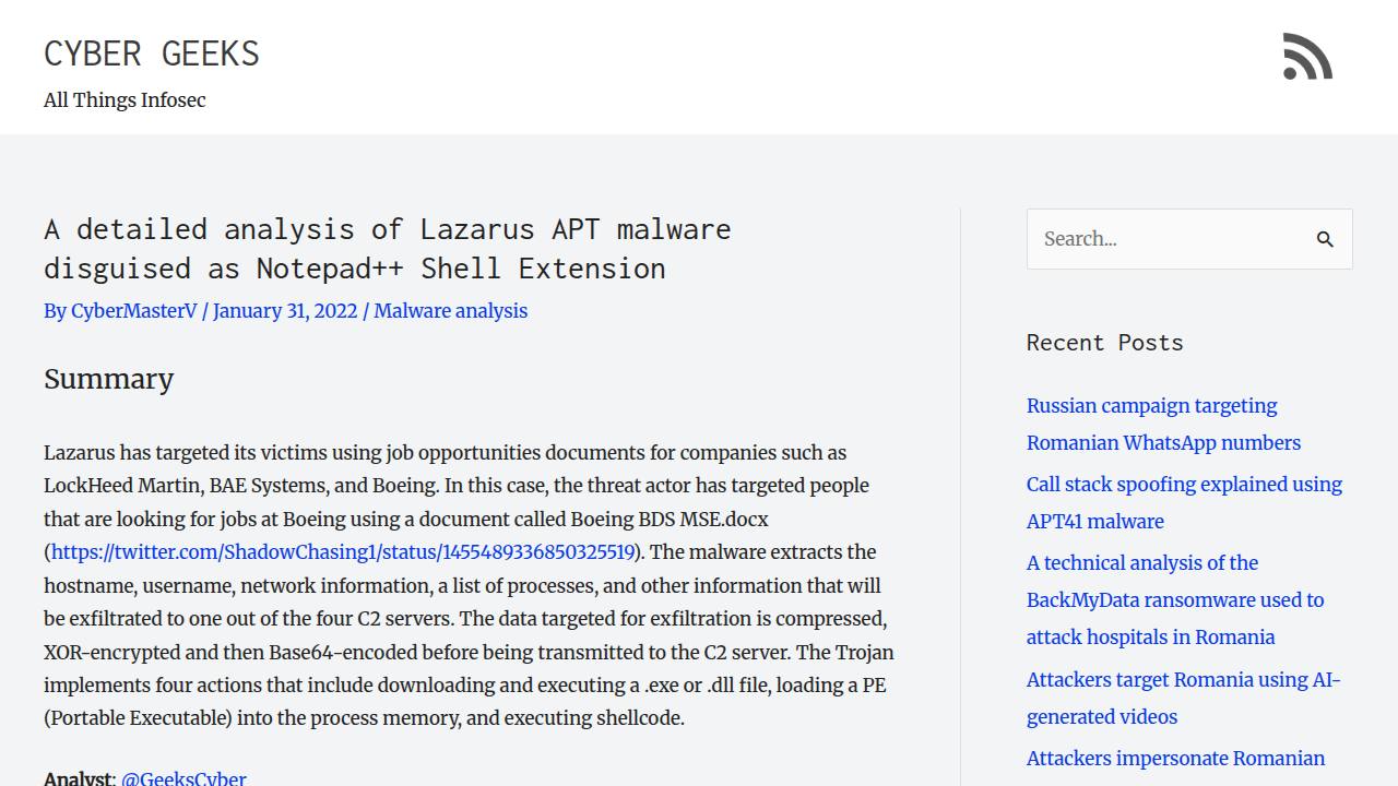 Thumbnail for A DETAILED ANALYSIS OF LAZARUS APT MALWARE DISGUISED AS NOTEPAD++ SHELL EXTENSION