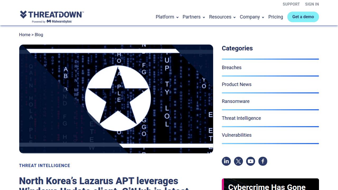 Thumbnail for North Korea’s Lazarus APT leverages Windows Update client, GitHub in latest campaign