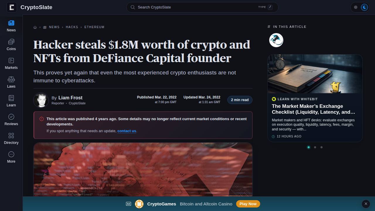 Thumbnail for Hacker steals $1.8M worth of crypto and NFTs from DeFiance Capital founder