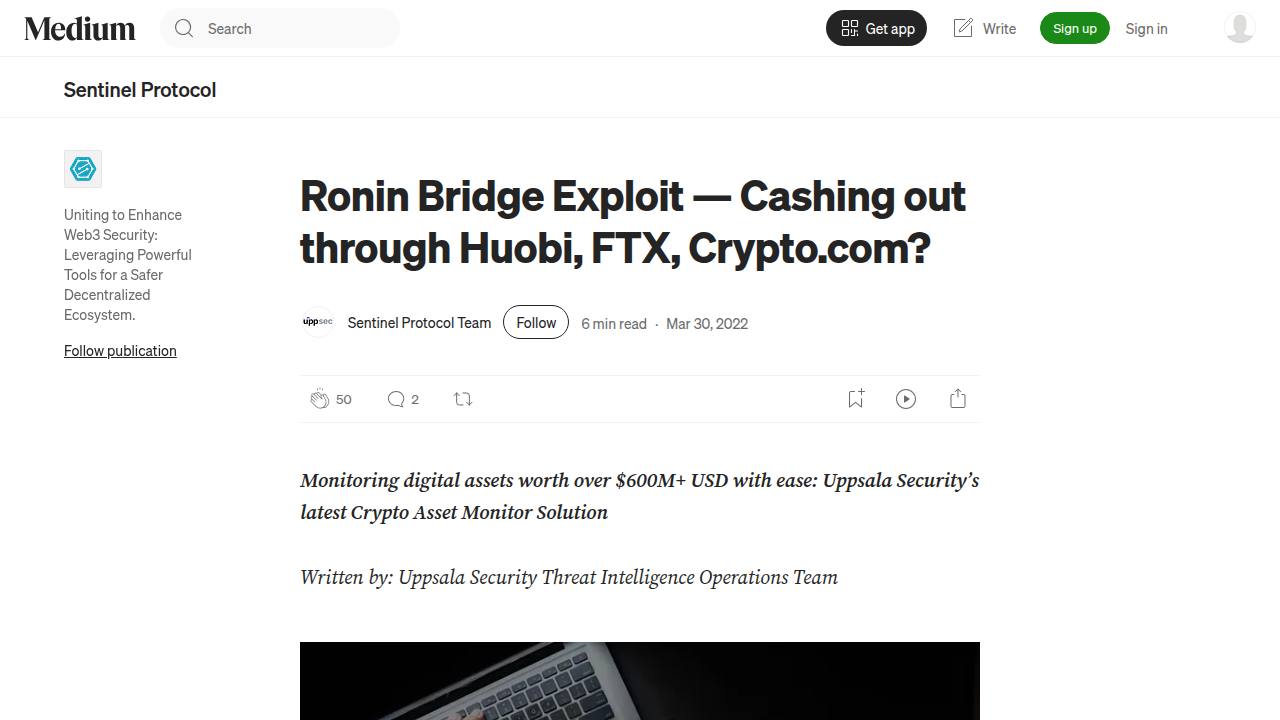 Thumbnail for Ronin Bridge Exploit — Cashing out through Huobi, FTX, Crypto.com?