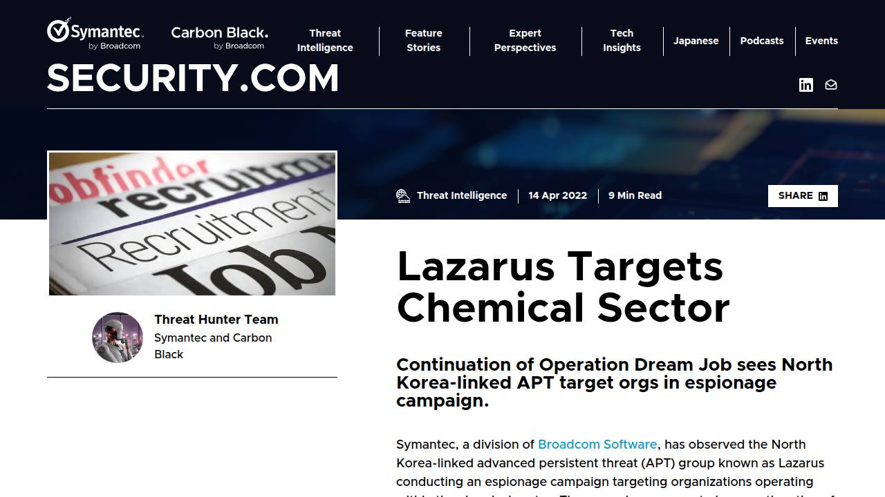 Thumbnail for Lazarus Targets Chemical Sector