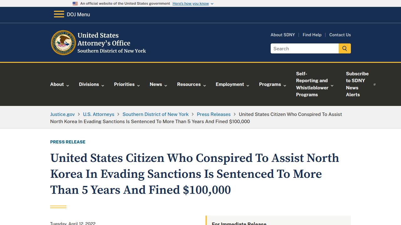 Thumbnail for United States Citizen Who Conspired To Assist North Korea In Evading Sanctions Is Sentenced To More Than 5 Years And Fined $100,000