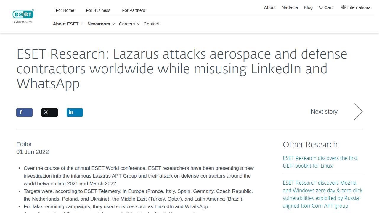 Thumbnail for Lazarus attacks aerospace and defense contractors worldwide while misusing LinkedIn and WhatsApp