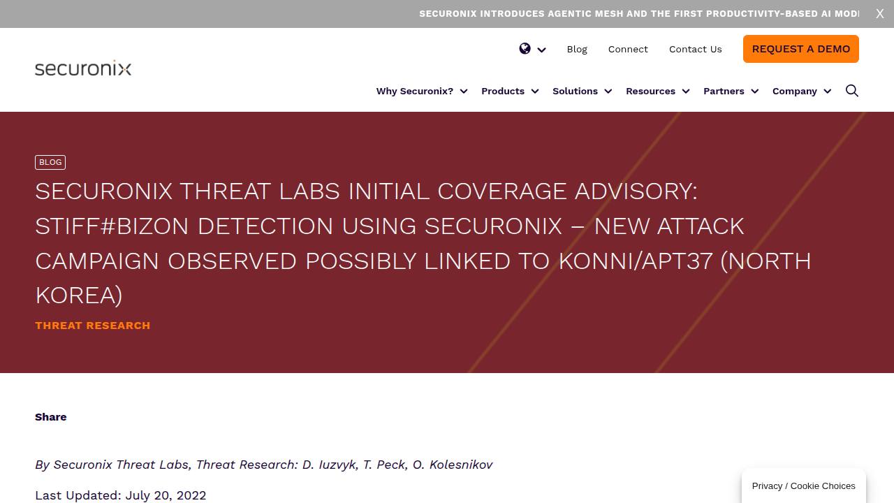Thumbnail for STIFF#BIZON Detection Using Securonix – New Attack Campaign Observed Possibly Linked to Konni/APT37 (North Korea)