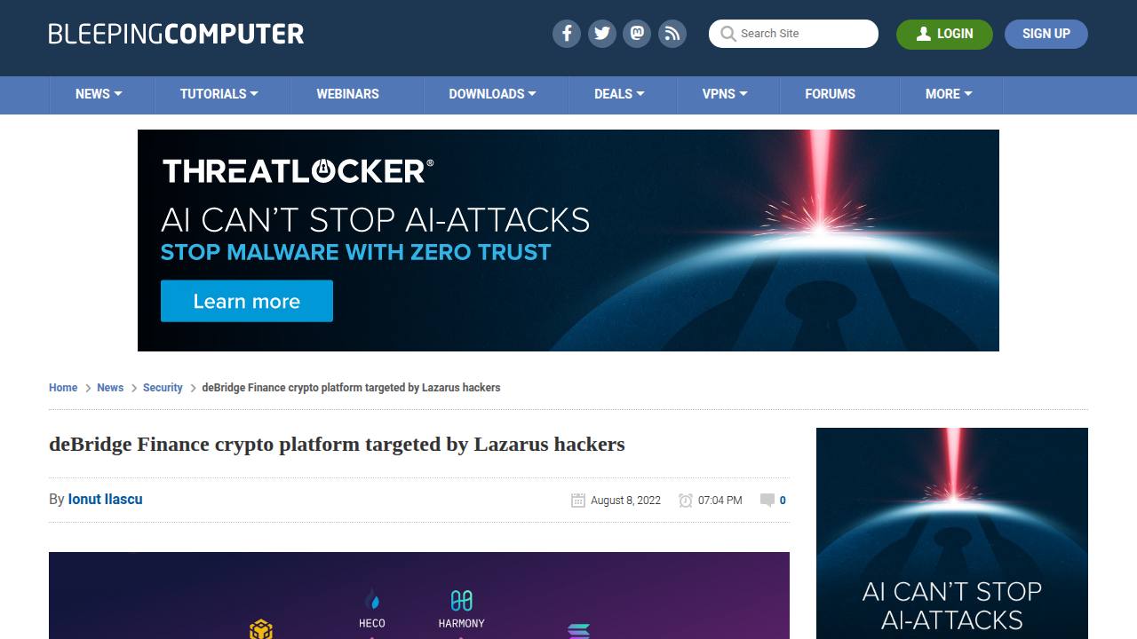 Thumbnail for deBridge Finance crypto platform targeted by Lazarus hackers