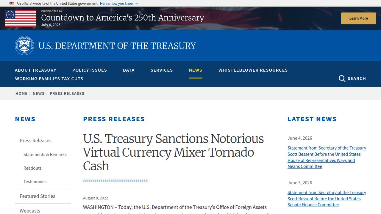 Thumbnail for U.S. Treasury Sanctions Notorious Virtual Currency Mixer Tornado Cash