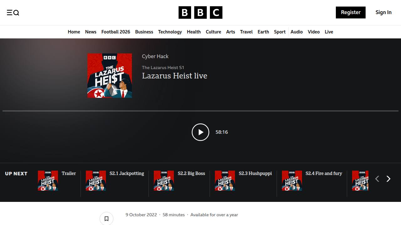 Thumbnail for The Lazarus Heist - Lazarus Heist live - BBC Sounds