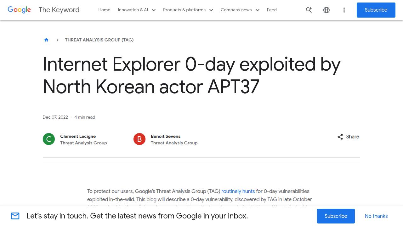 Thumbnail for Internet Explorer 0-day exploited by North Korean actor APT37