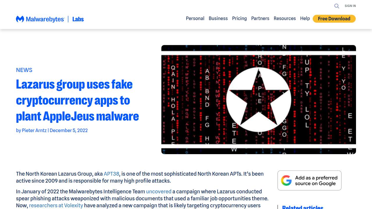 Thumbnail for Lazarus group uses fake cryptocurrency apps to plant AppleJeus malware