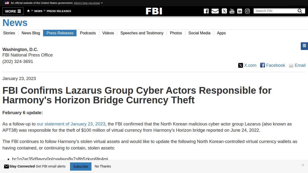 Thumbnail for FBI Confirms Lazarus Group, APT38 Cyber Actors Responsible for Harmony's Horizon Bridge Currency Theft