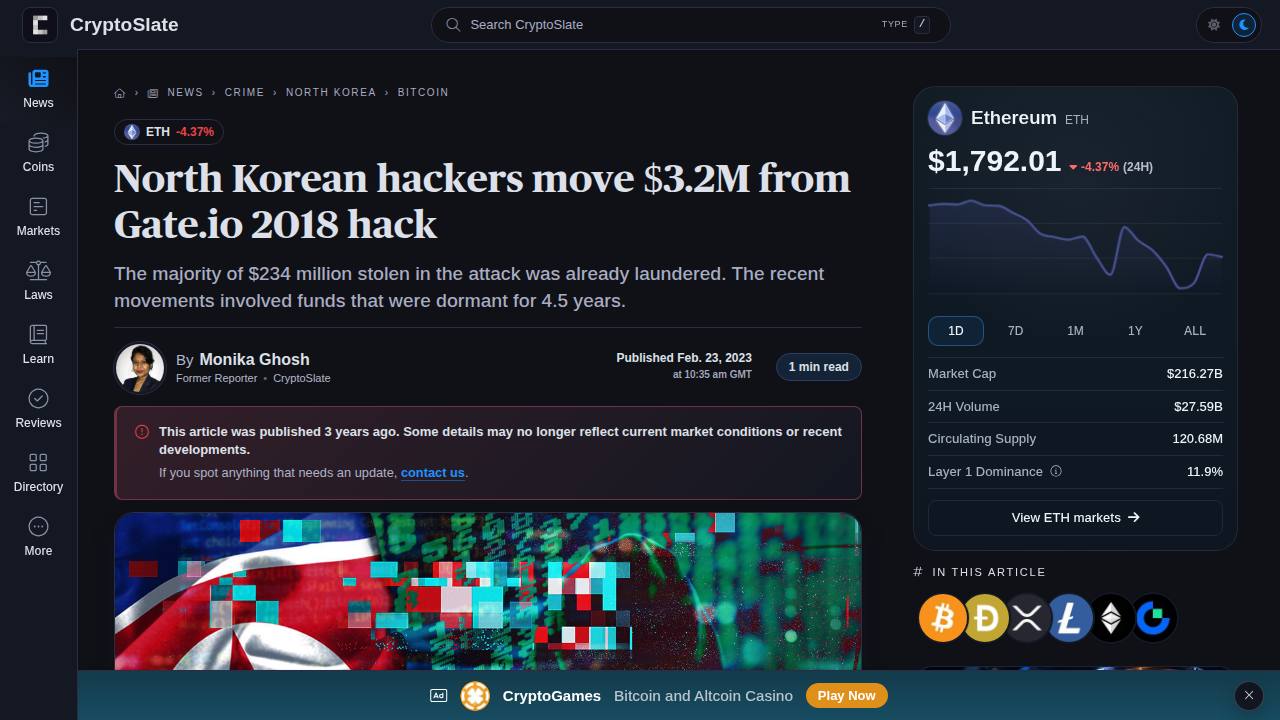 Thumbnail for North Korean hackers move $3.2M from Gate.io 2018 hack
