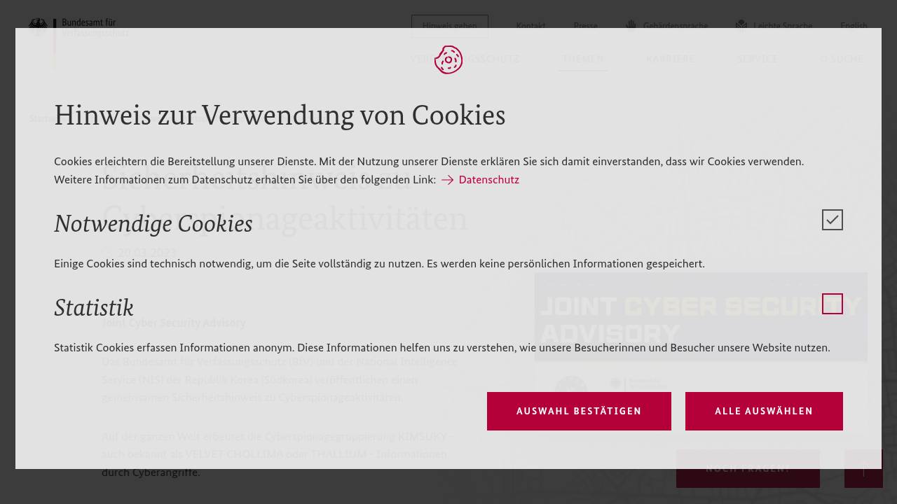 Thumbnail for Sicherheitshinweis zu Cyberspionageaktivitäten