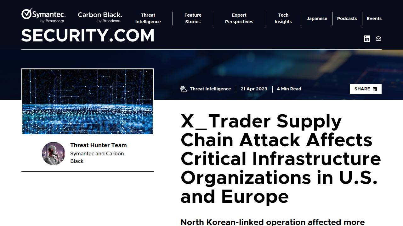 Thumbnail for X_Trader Supply Chain Attack Affects Critical Infrastructure Organizations in U.S. and Europe