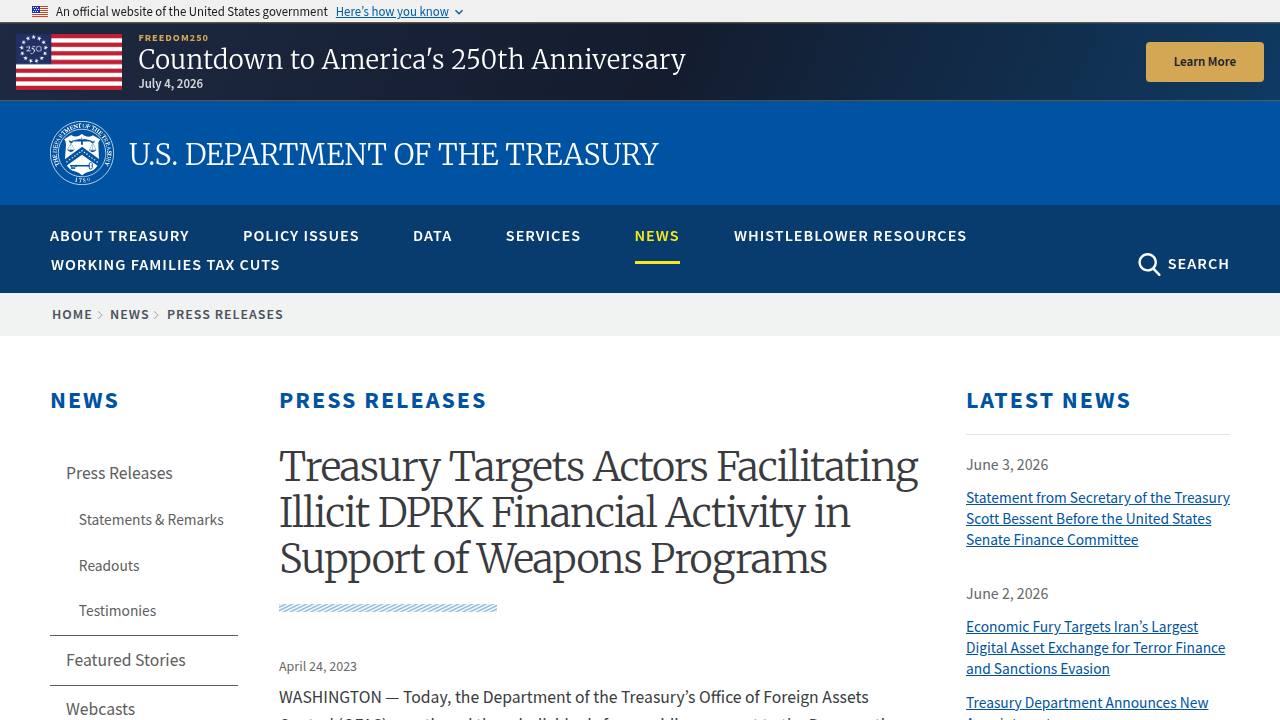 Thumbnail for Treasury Targets Actors Facilitating Illicit DPRK Financial Activity in Support of Weapons Programs