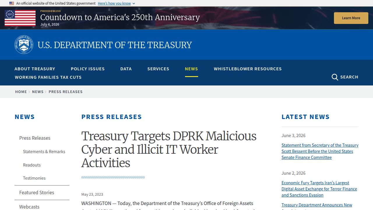 Thumbnail for Treasury Targets DPRK Malicious Cyber and Illicit IT Worker Activities