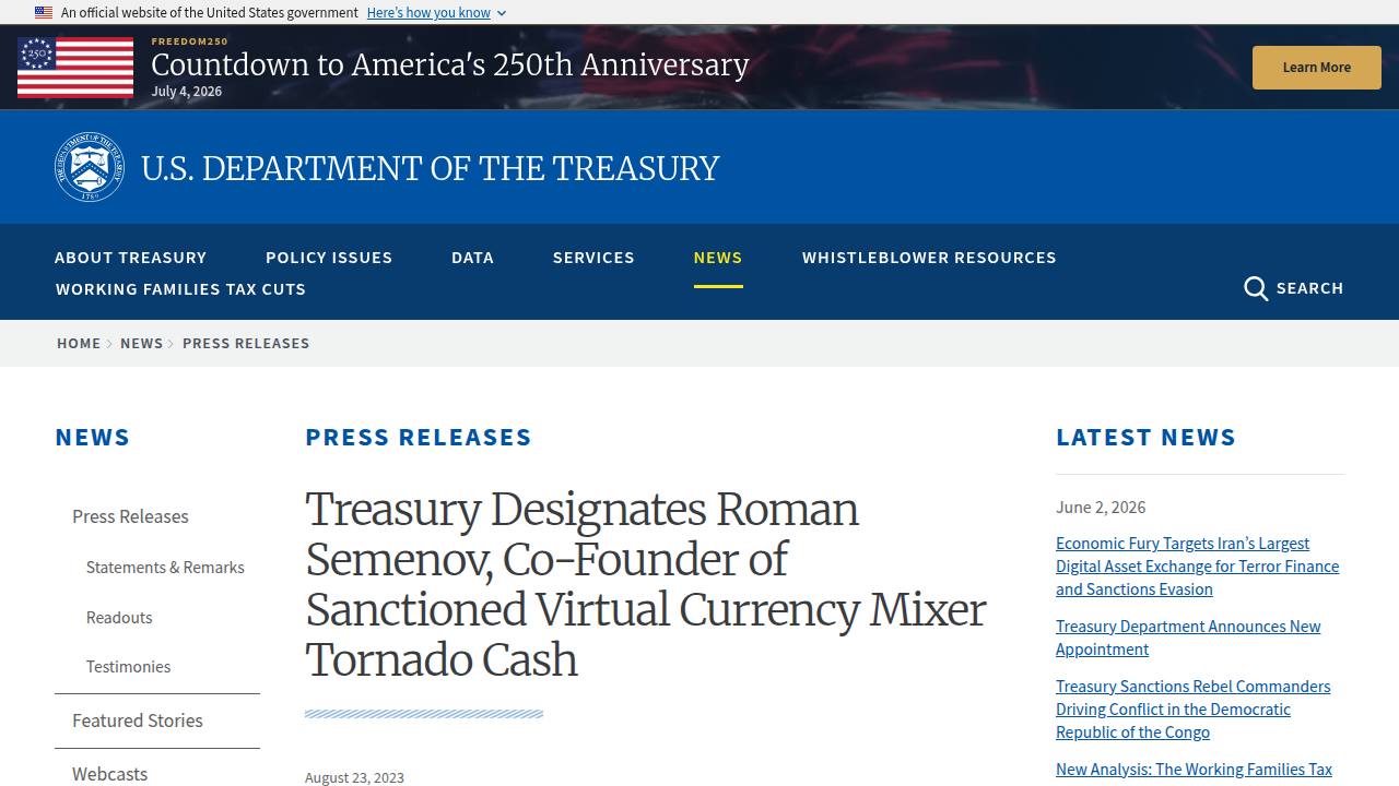 Thumbnail for Treasury Designates Roman Semenov, Co-Founder of Sanctioned Virtual Currency Mixer Tornado Cash