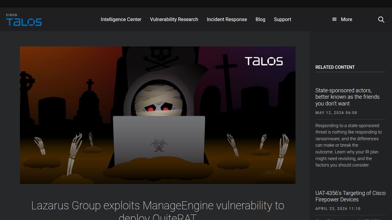 Thumbnail for Lazarus Group exploits ManageEngine vulnerability to deploy QuiteRAT