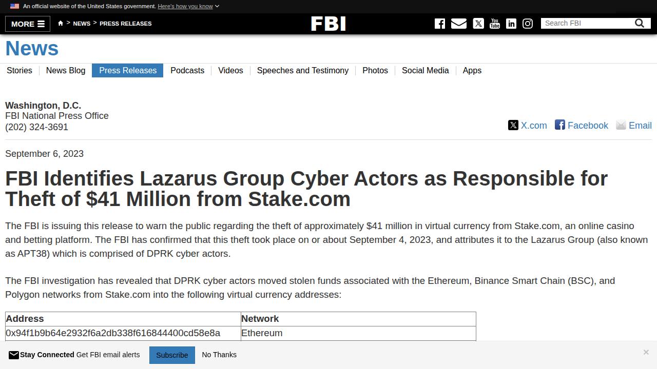 Thumbnail for FBI Identifies Lazarus Group Cyber Actors as Responsible for Theft of $41 Million from Stake.com