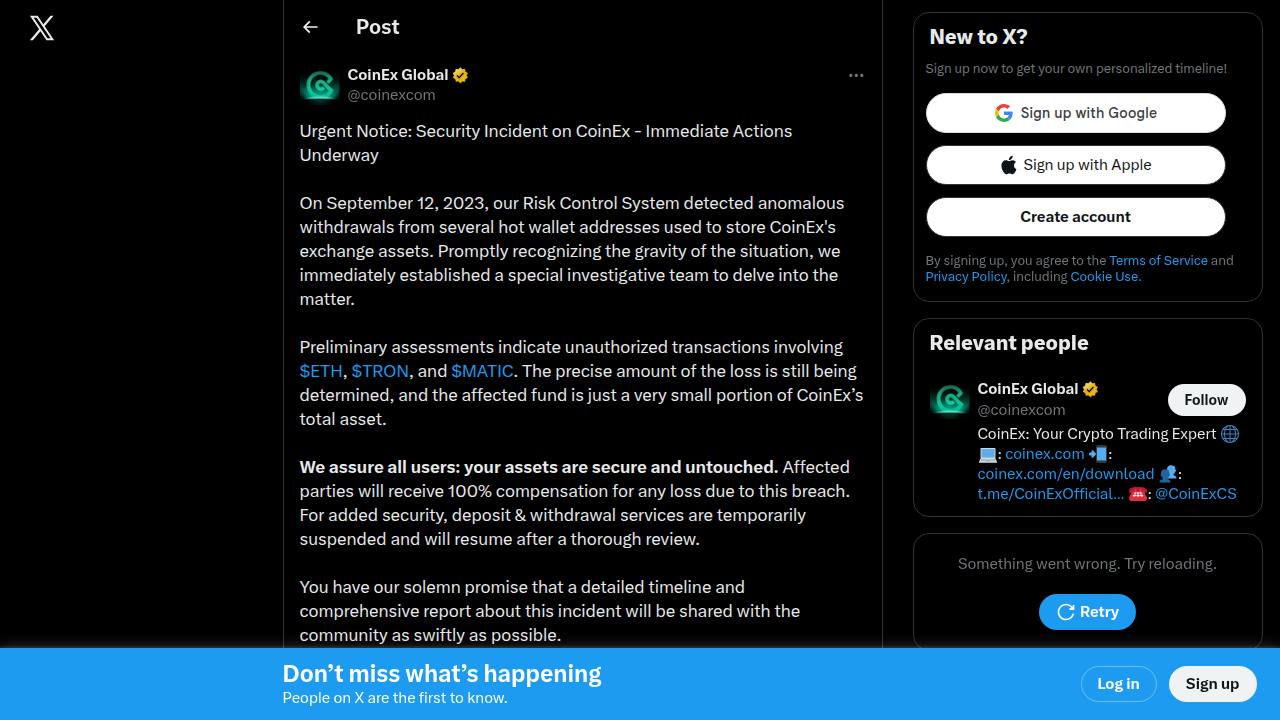 Thumbnail for Urgent Notice: Security Incident on CoinEx - Immediate Actions Underway
