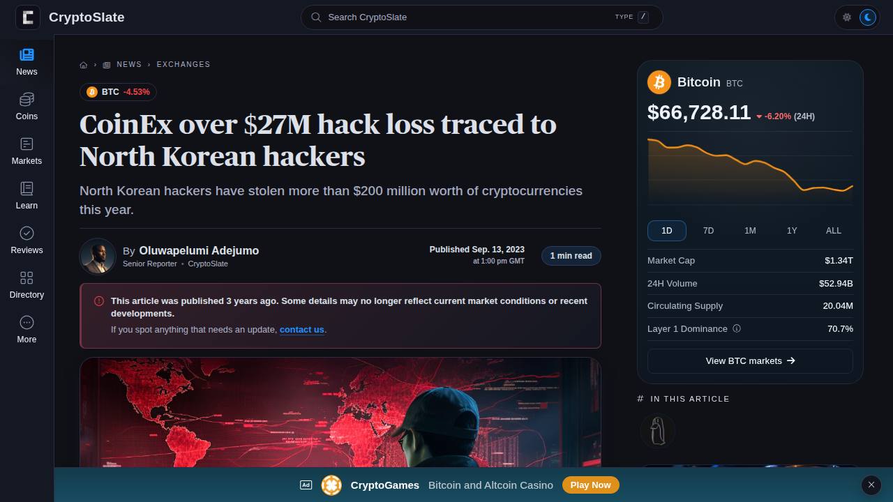 Thumbnail for CoinEx over $27M hack loss traced to North Korean hackers